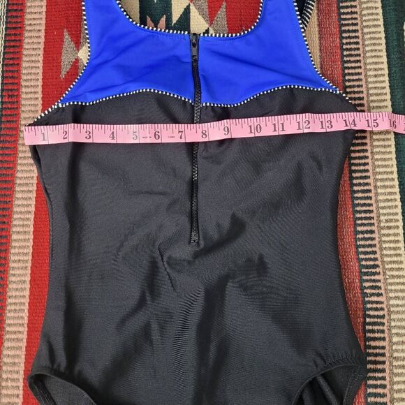 Vtg 90s Miraclesuit One Piece Swimsuit Sz 10 Black Blue Front Zip Bathing Suit - Picture 5 of 7